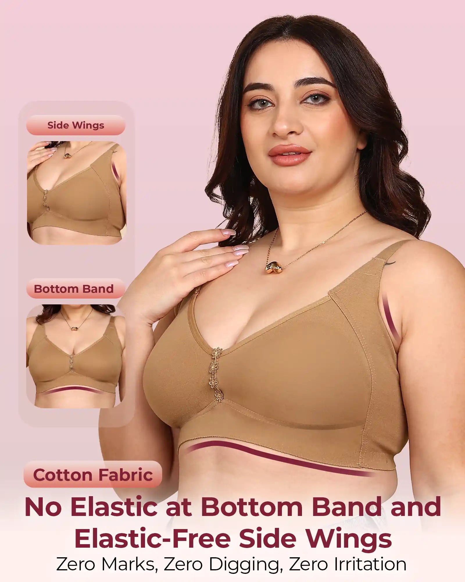 Invisi-Soft Bonded Breathable Cotton Plus Size M-Frame Minimiser Non-Padded Bra (KB-405-FAWN)
