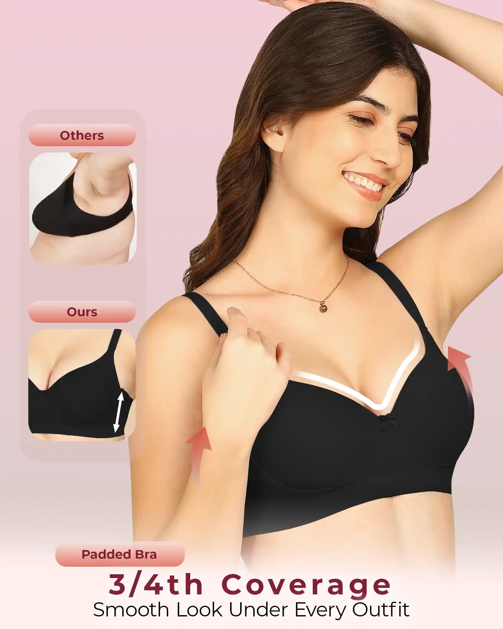 Invisi-Soft Bonded Polyamide Push-Up 3/4 Coverage Bra (Level 3 Padding (KB-5301-BLACK)