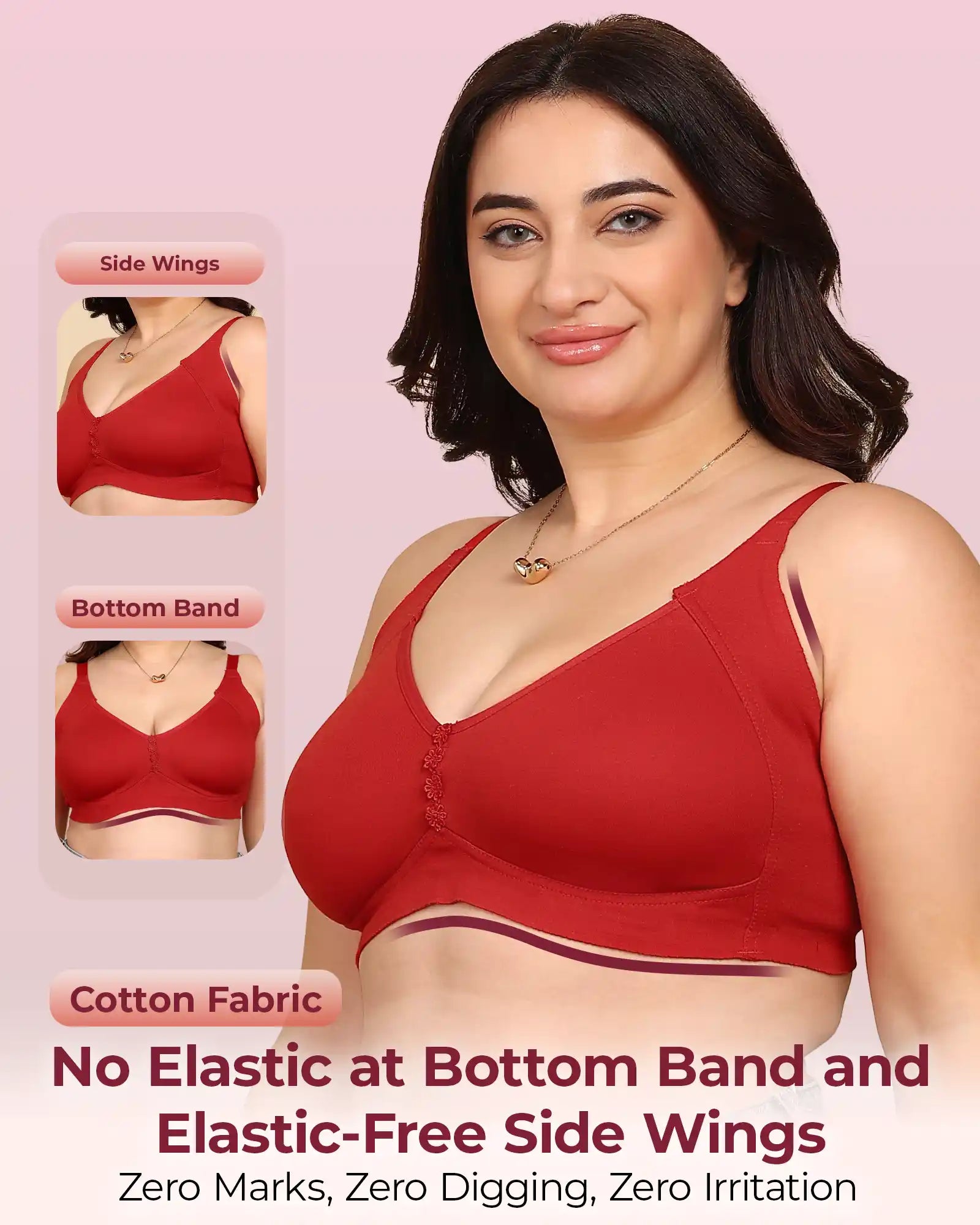 Invisi-Soft Bonded Breathable Cotton Plus Size M-Frame Minimiser Non-Padded Bra (KB-405-RED)