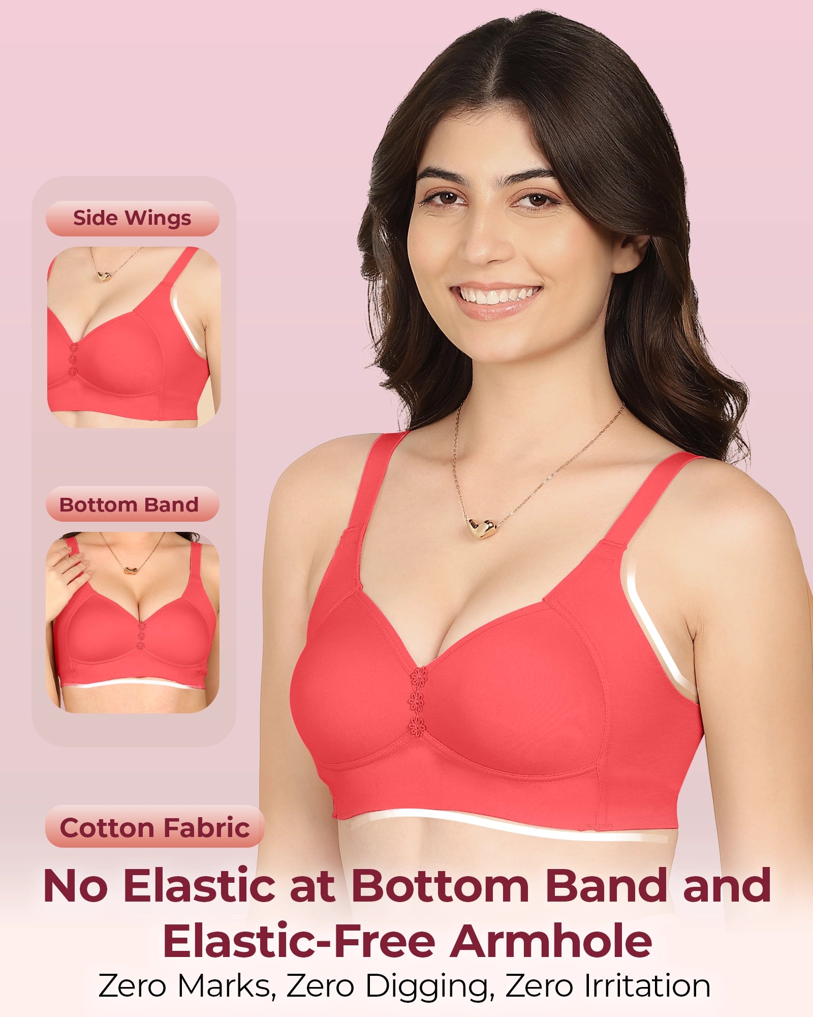 Invisi-Soft Bonded Breathable Cotton Plus Size M-Frame Minimiser Padded Bra (KB-408-CORAL)