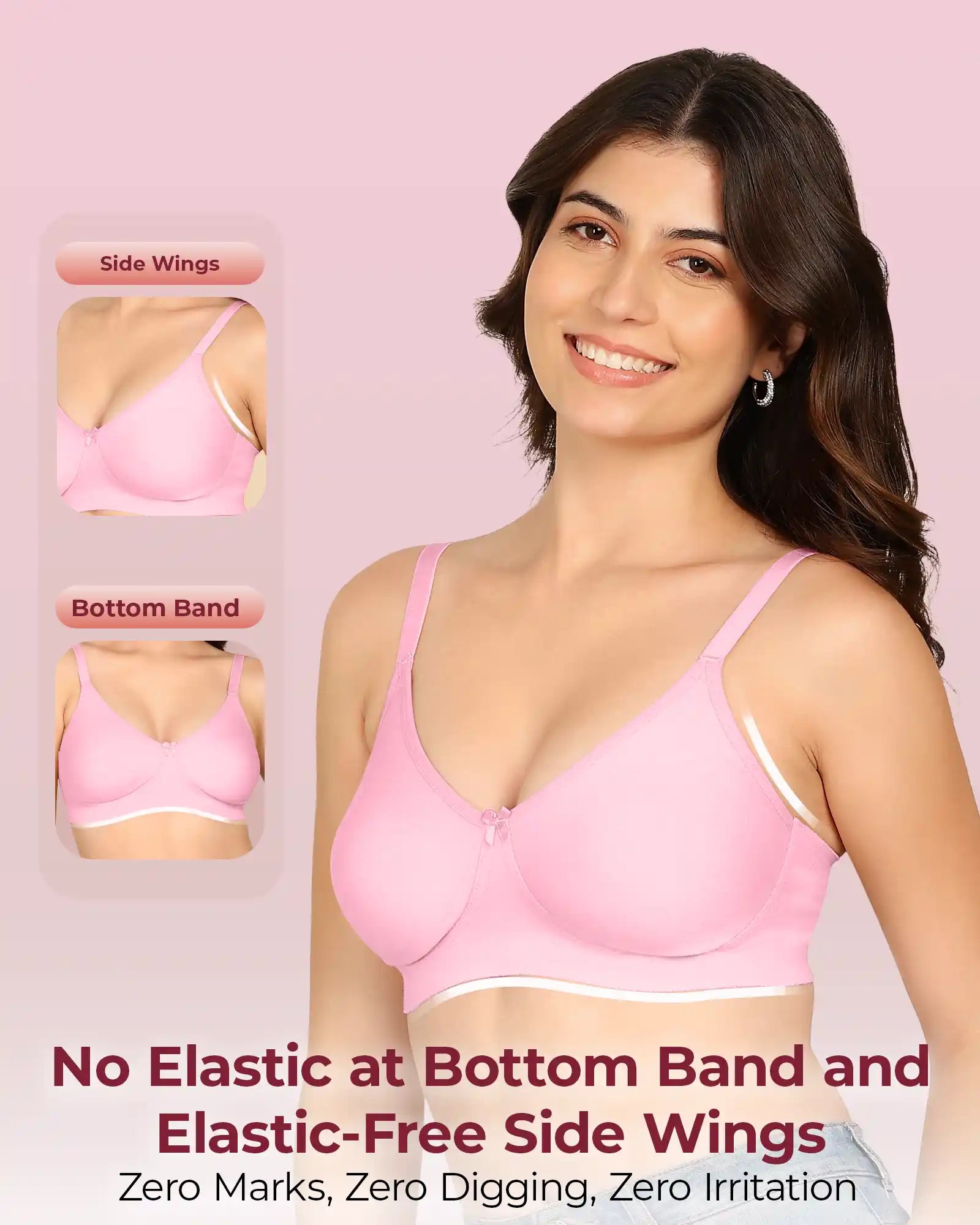 Invisi-Soft Bonded Breathable Cotton Full Coverage Non-Padded Bra (KB-352-PINK)