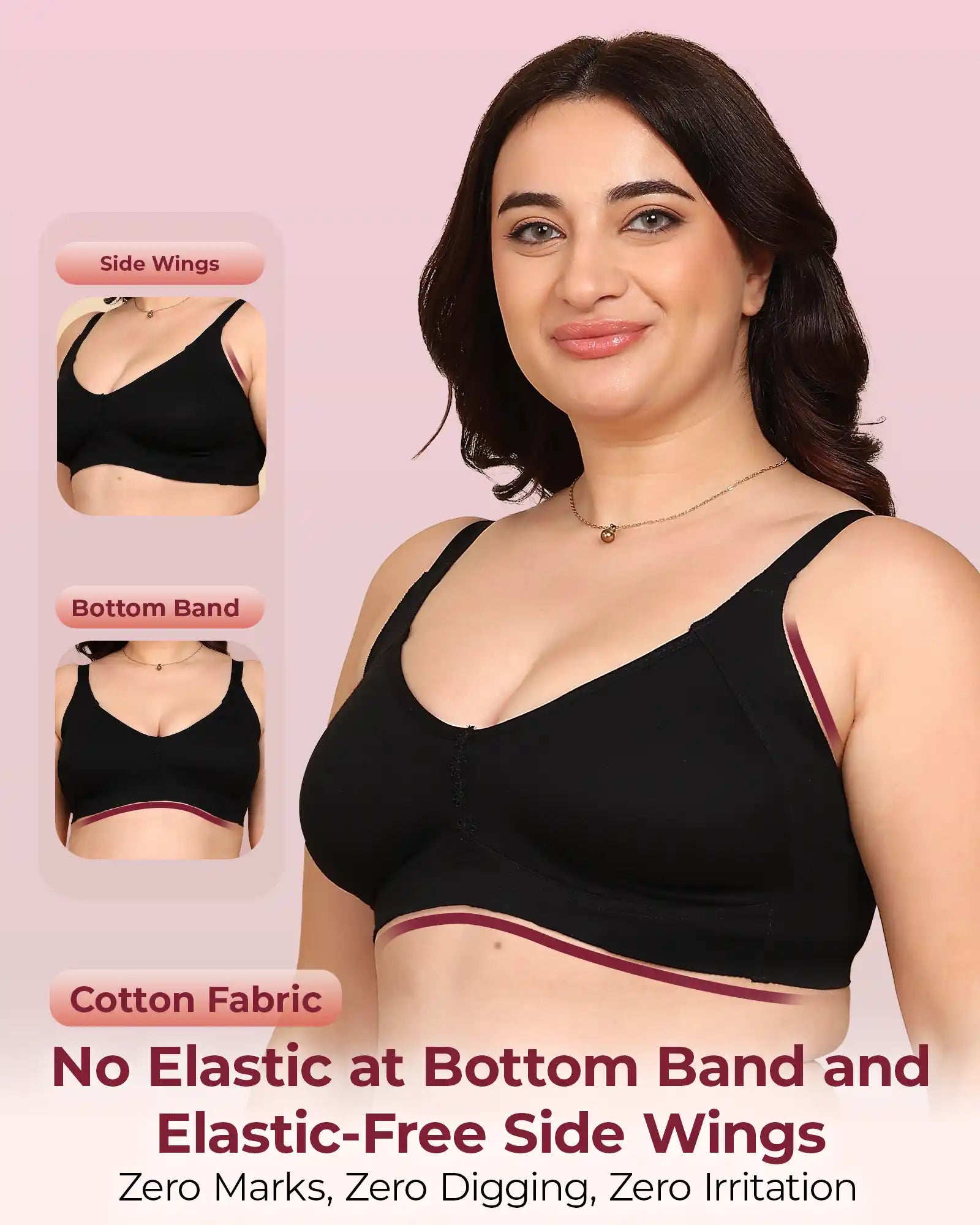 Invisi-Soft Bonded Breathable Cotton Plus Size M-Frame Minimiser Non-Padded Bra (KB-405-BLACK)