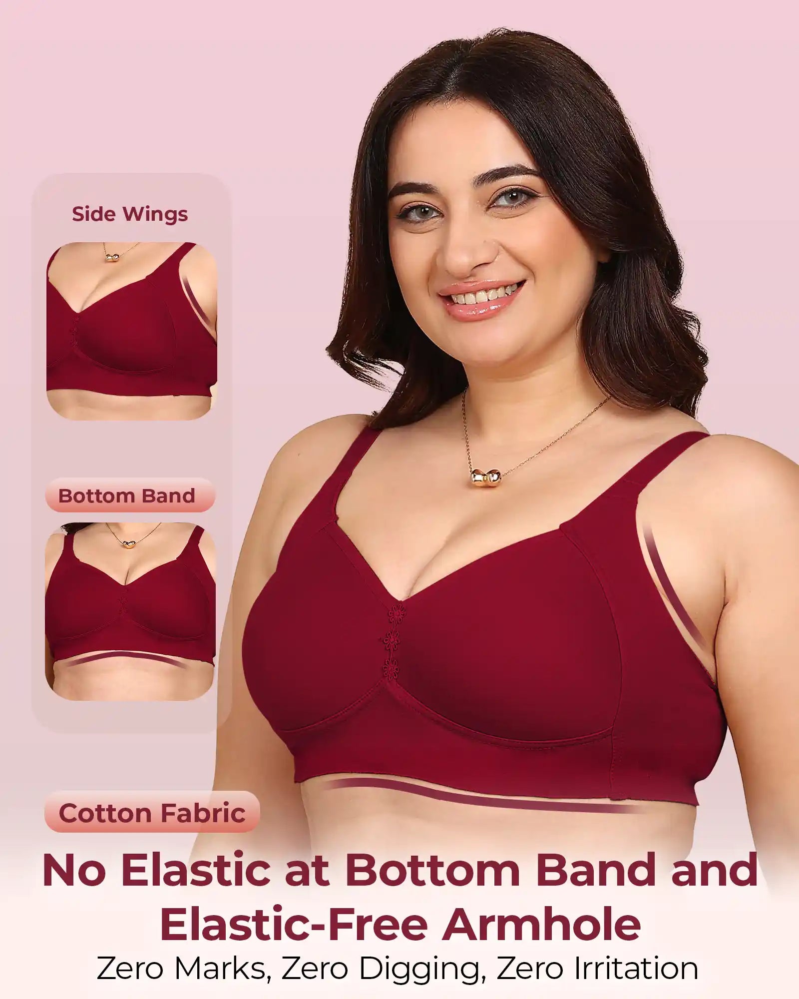Invisi-Soft Bonded Breathable Cotton Plus Size M-Frame Minimiser Padded Bra (KB-408-MAGENTA)