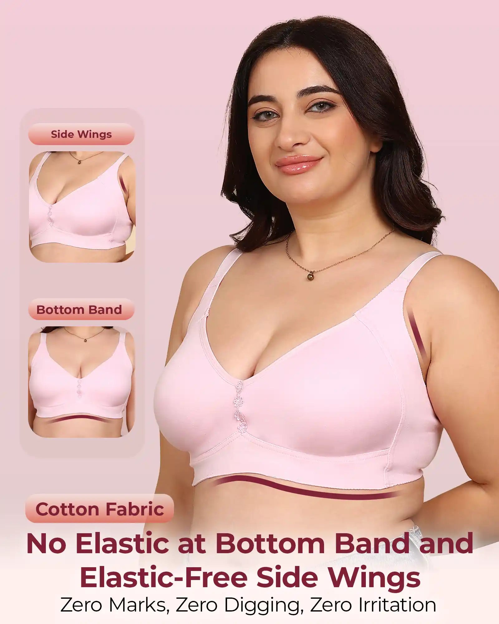 Invisi-Soft Bonded Breathable Cotton Plus Size M-Frame Minimiser Non-Padded Bra (KB-405-PINK)