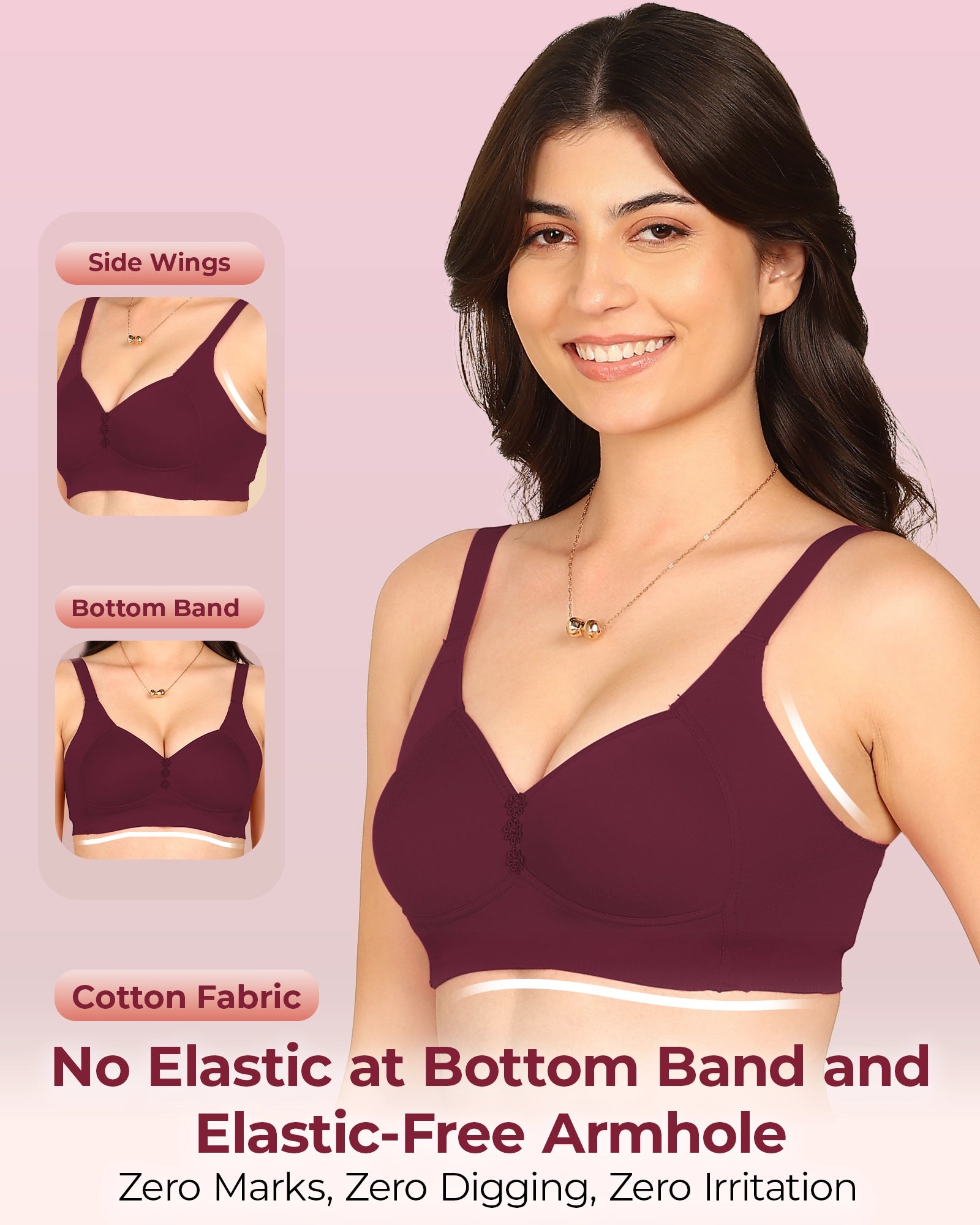 Invisi-Soft Bonded Breathable Cotton Plus Size M-Frame Minimiser Padded Bra (KB-408-MAGENTA)