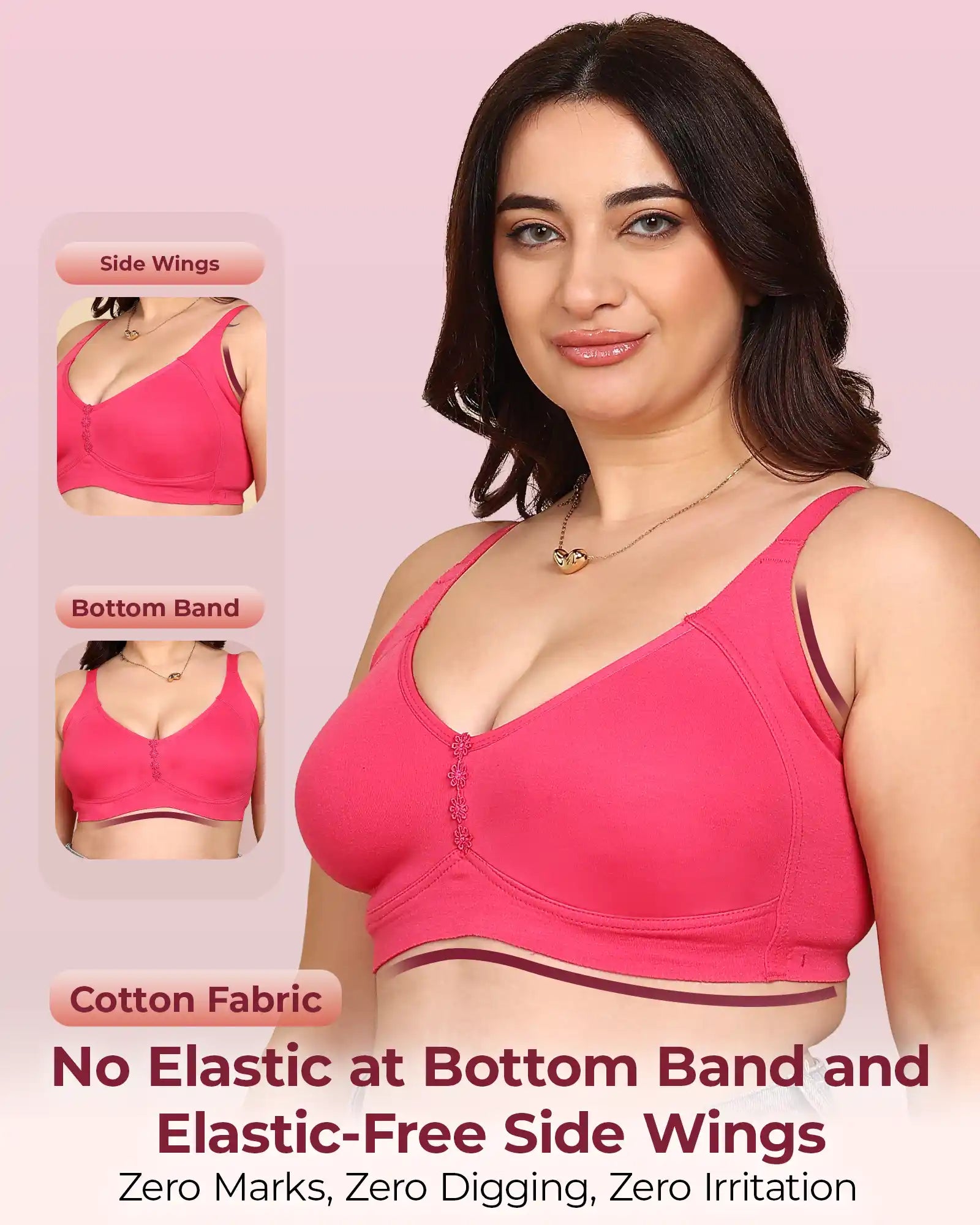 Invisi-Soft Bonded Breathable Cotton Plus Size M-Frame Minimiser Non-Padded Bra (KB-405-DARK PINK)