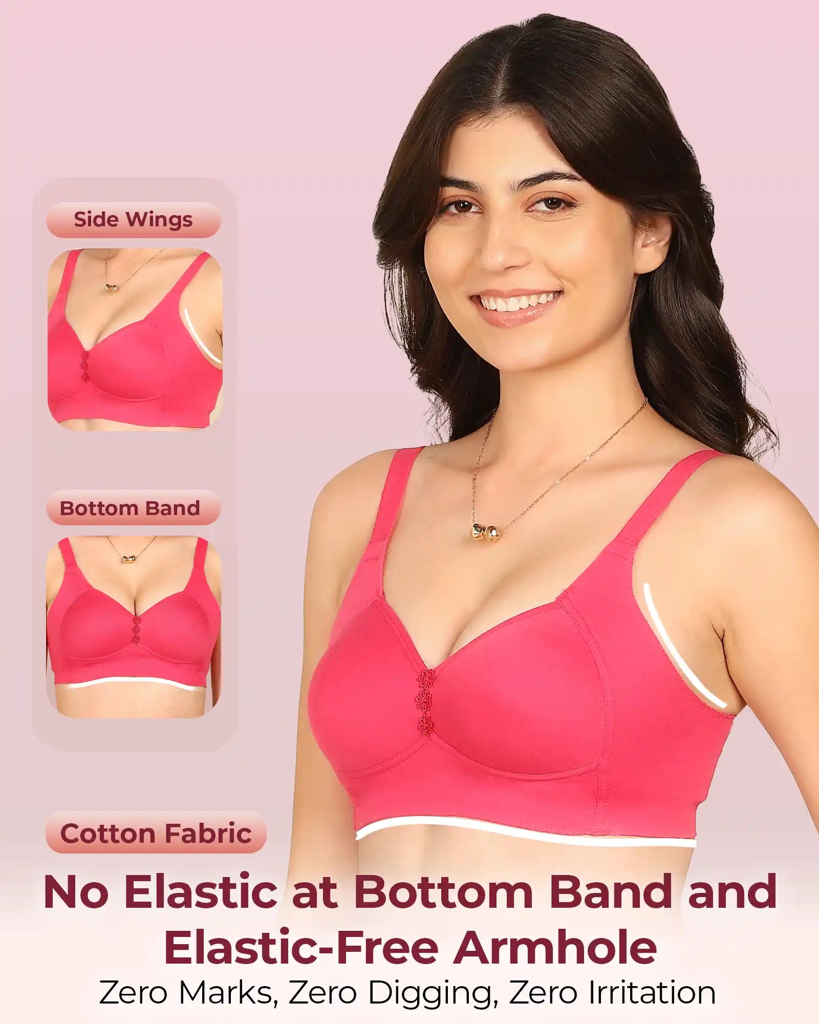 Invisi-Soft Bonded Breathable Cotton Plus Size M-Frame Minimiser Padded Bra (KB-408-DARK PINK)