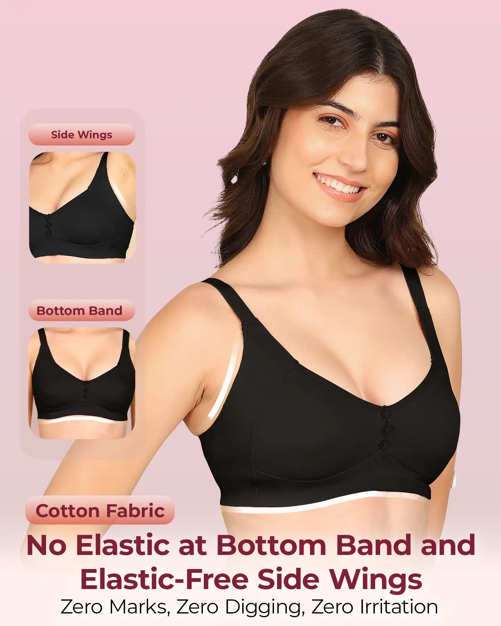 Invisi-Soft Bonded Breathable Cotton Plus Size M-Frame Minimiser Non-Padded Bra (KB-405-BLACK)