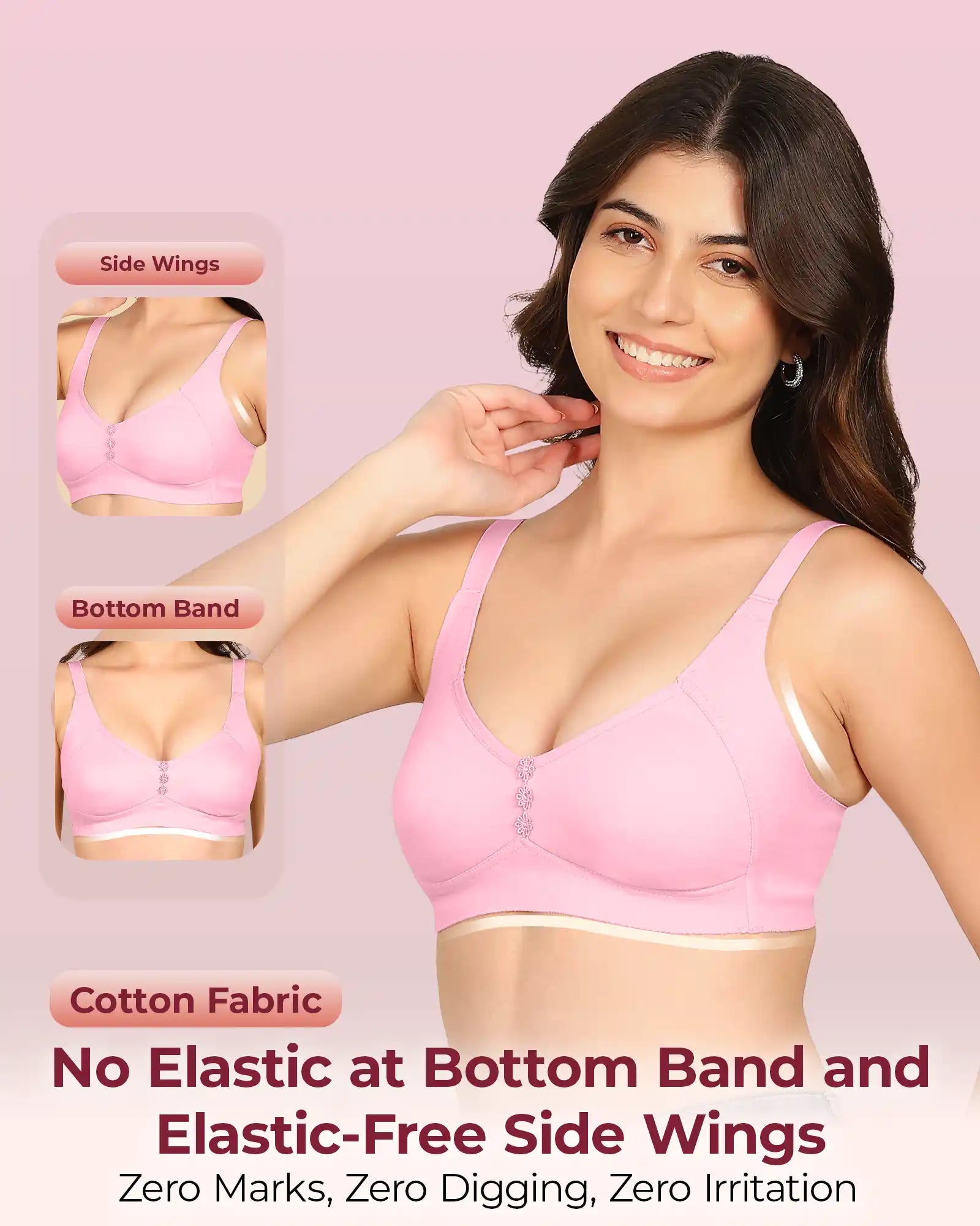 Invisi-Soft Bonded Breathable Cotton Plus Size M-Frame Minimiser Non-Padded Bra (KB-405-PINK)
