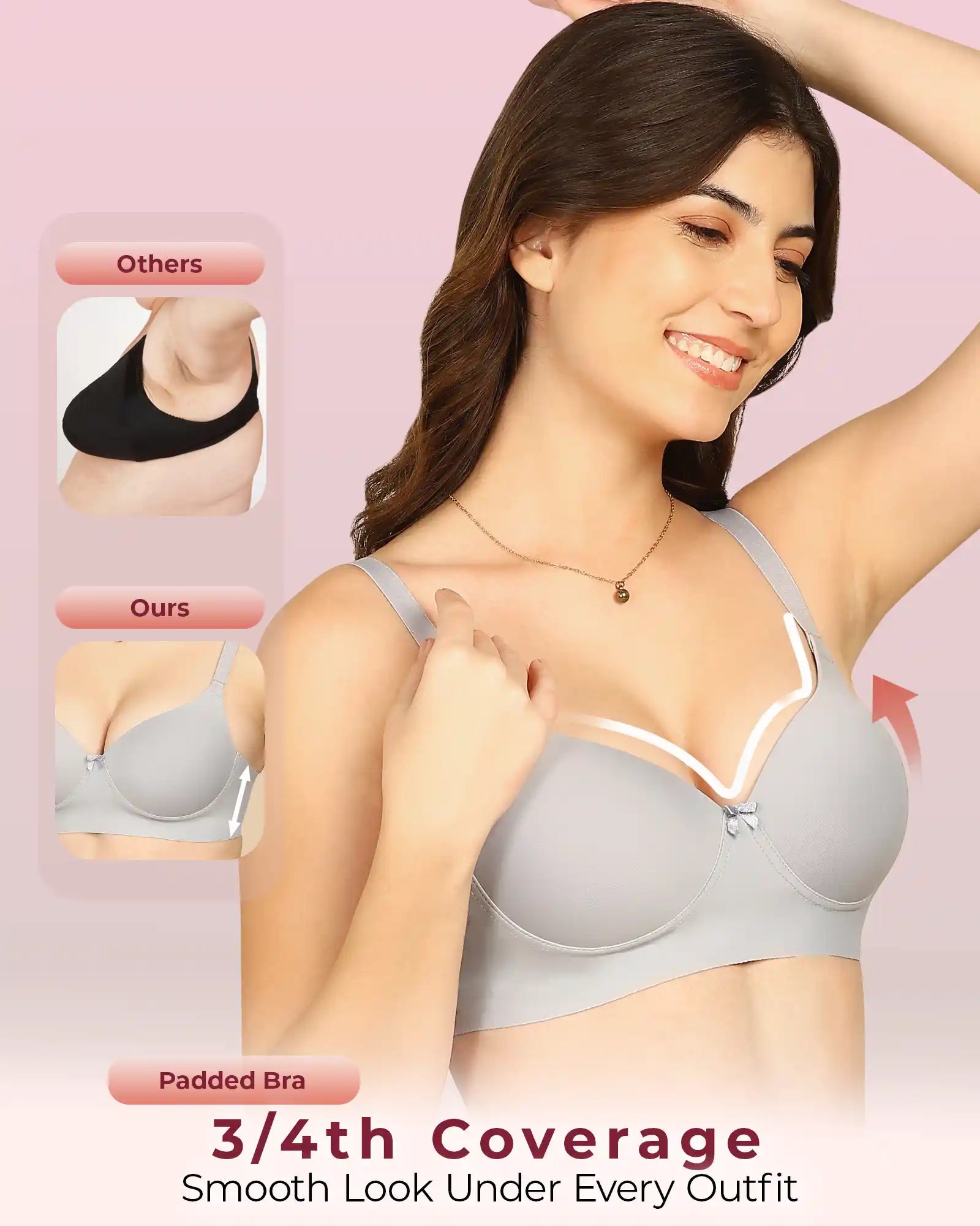 Invisi-Soft Bonded Polyamide Push-Up 3/4 Coverage Bra (Level 3 Padding (KB-5301-GREY)