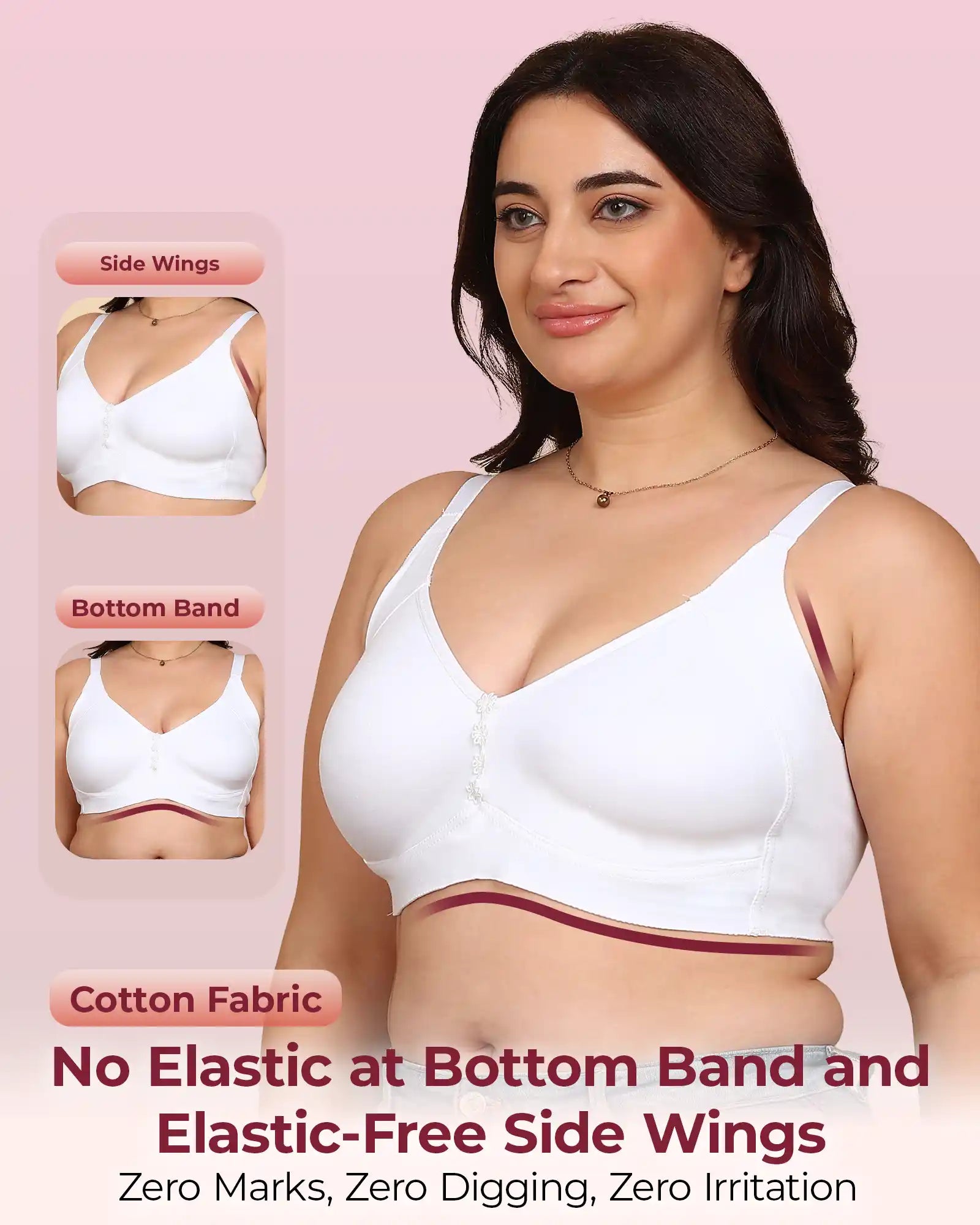 Invisi-Soft Bonded Breathable Cotton Plus Size M-Frame Minimiser Non-Padded Bra (KB-405-WHITE)