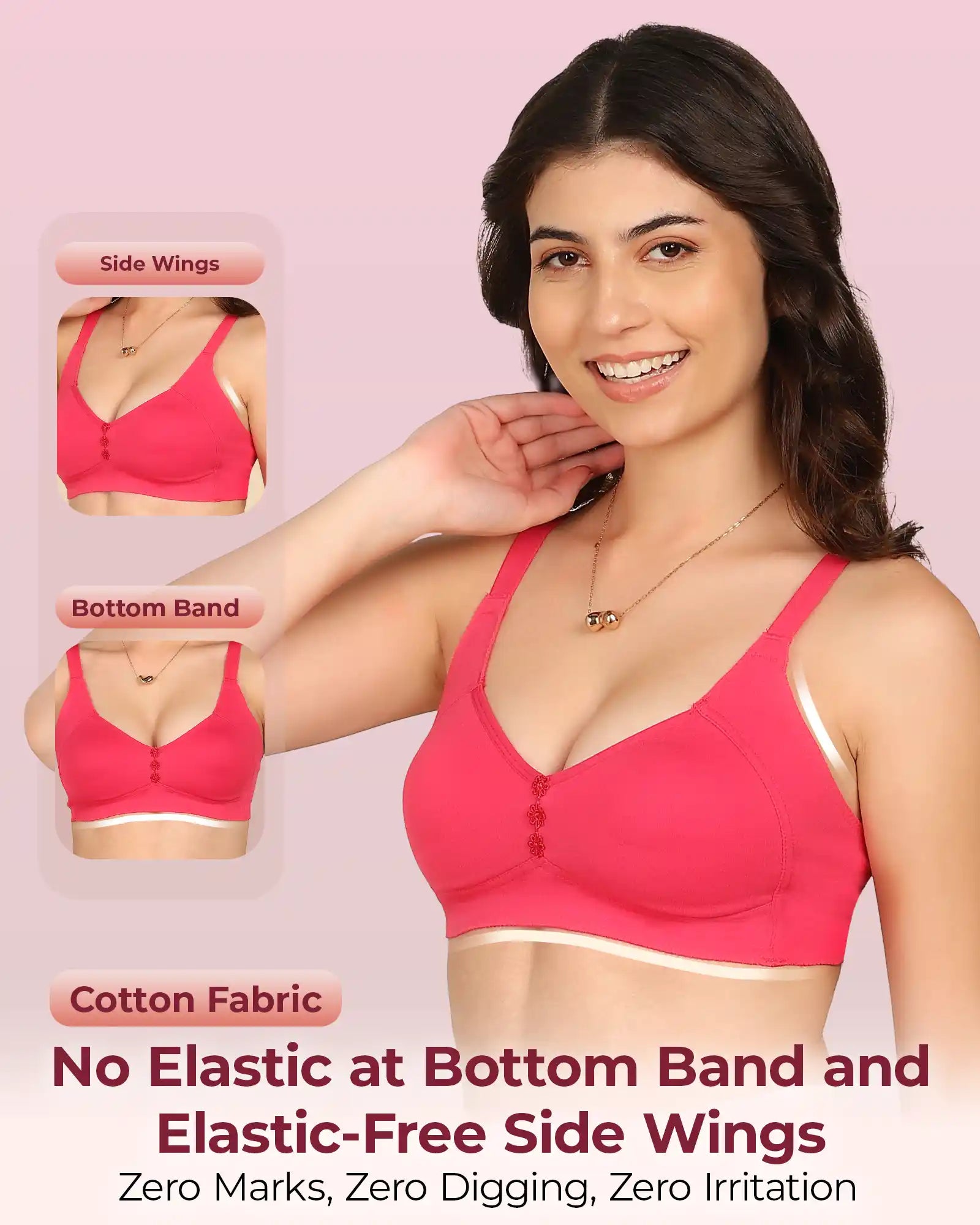 Invisi-Soft Bonded Breathable Cotton Plus Size M-Frame Minimiser Non-Padded Bra (KB-405-DARK PINK)