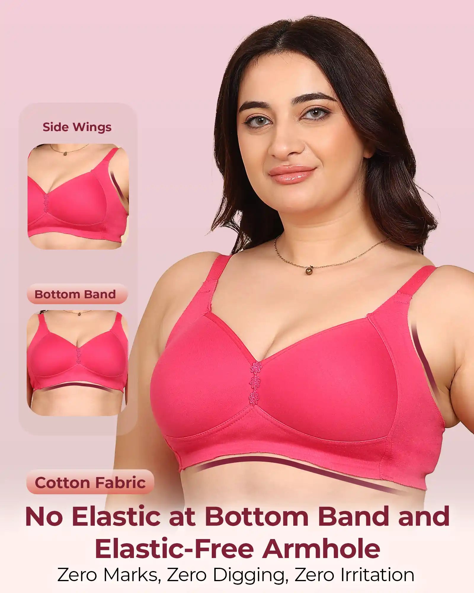 Invisi-Soft Bonded Breathable Cotton Plus Size M-Frame Minimiser Padded Bra (KB-408-DARK PINK)