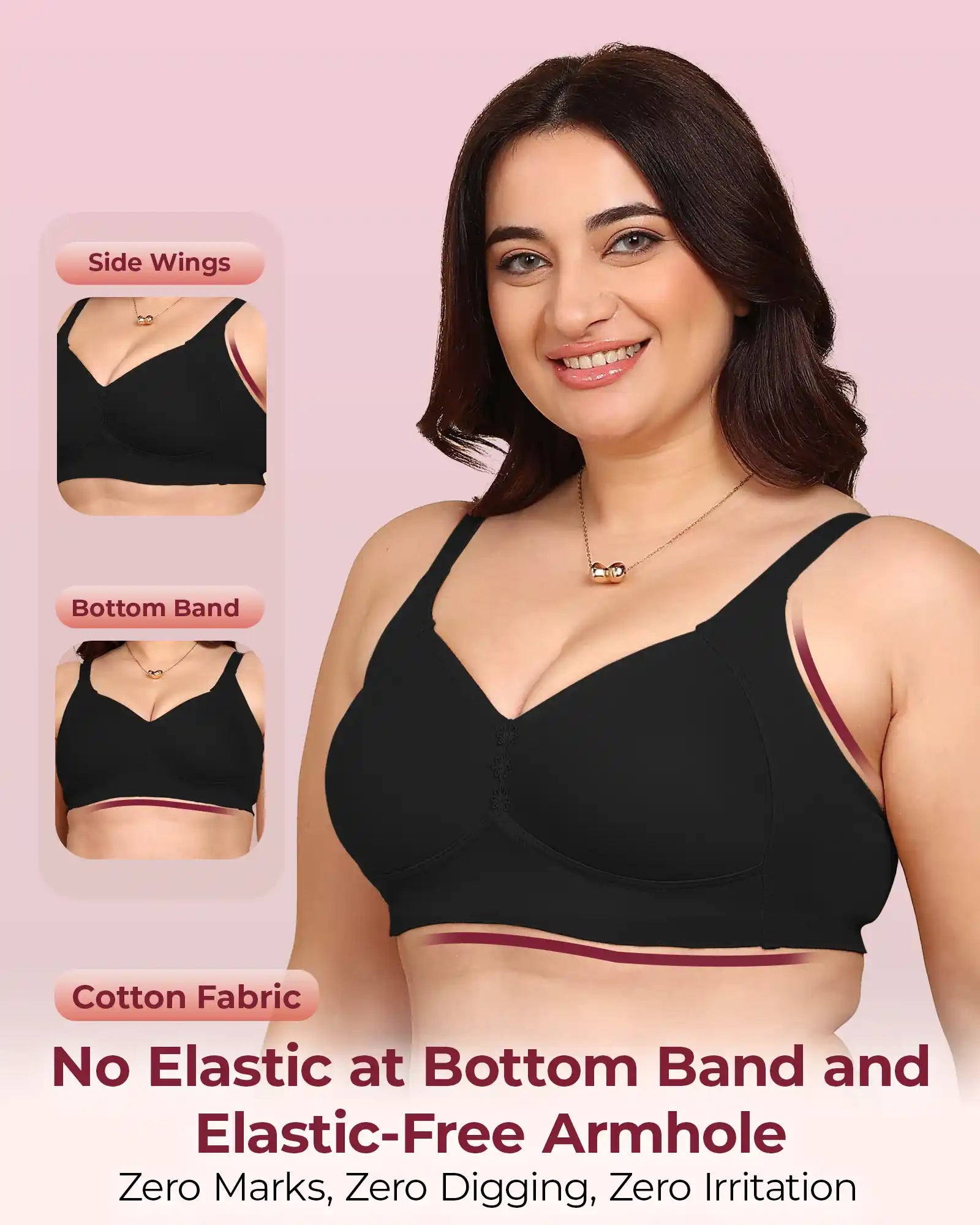 Invisi-Soft Bonded Breathable Cotton Plus Size M-Frame Minimiser Padded Bra (KB-408-BLACK)