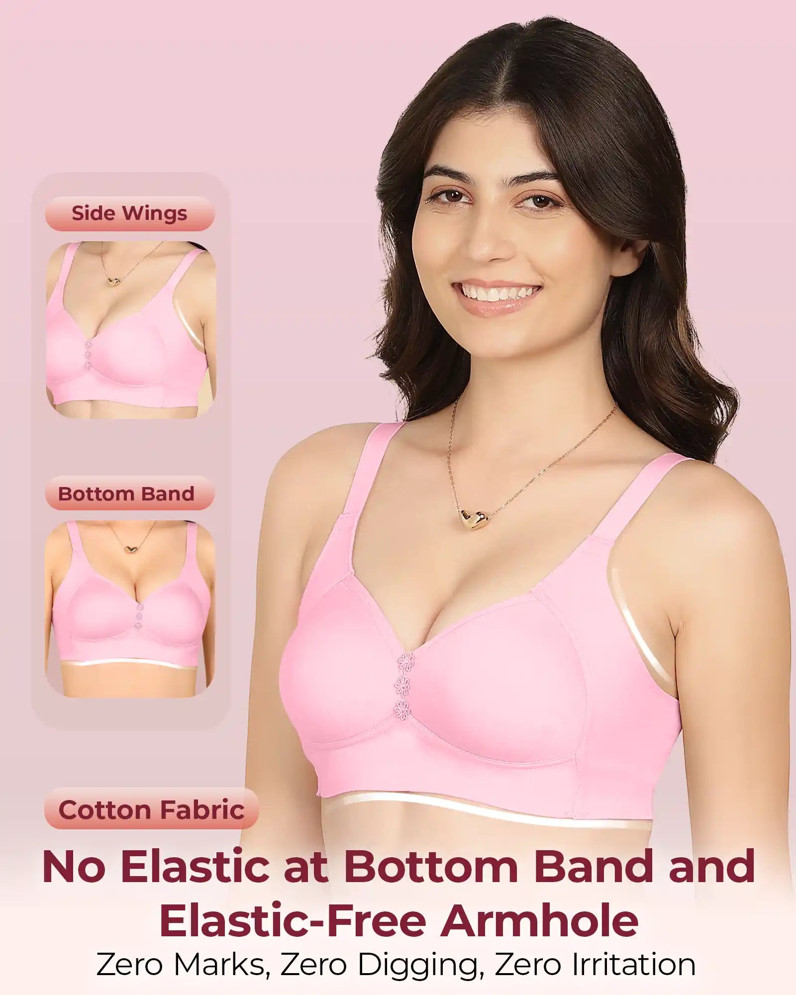 Invisi-Soft Bonded Breathable Cotton Plus Size M-Frame Minimiser Padded Bra (KB-408-PINK)