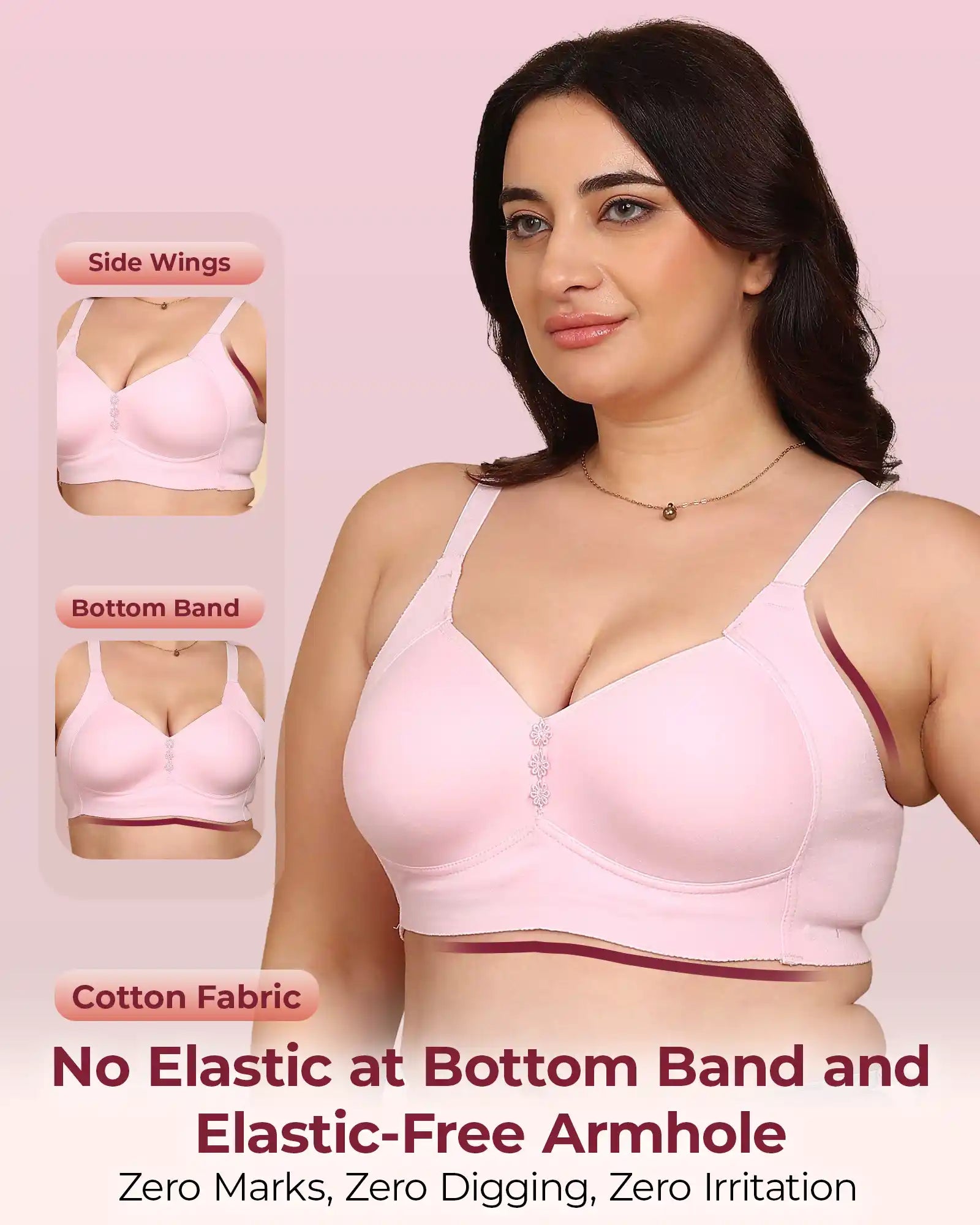Invisi-Soft Bonded Breathable Cotton Plus Size M-Frame Minimiser Padded Bra (KB-408-PINK)