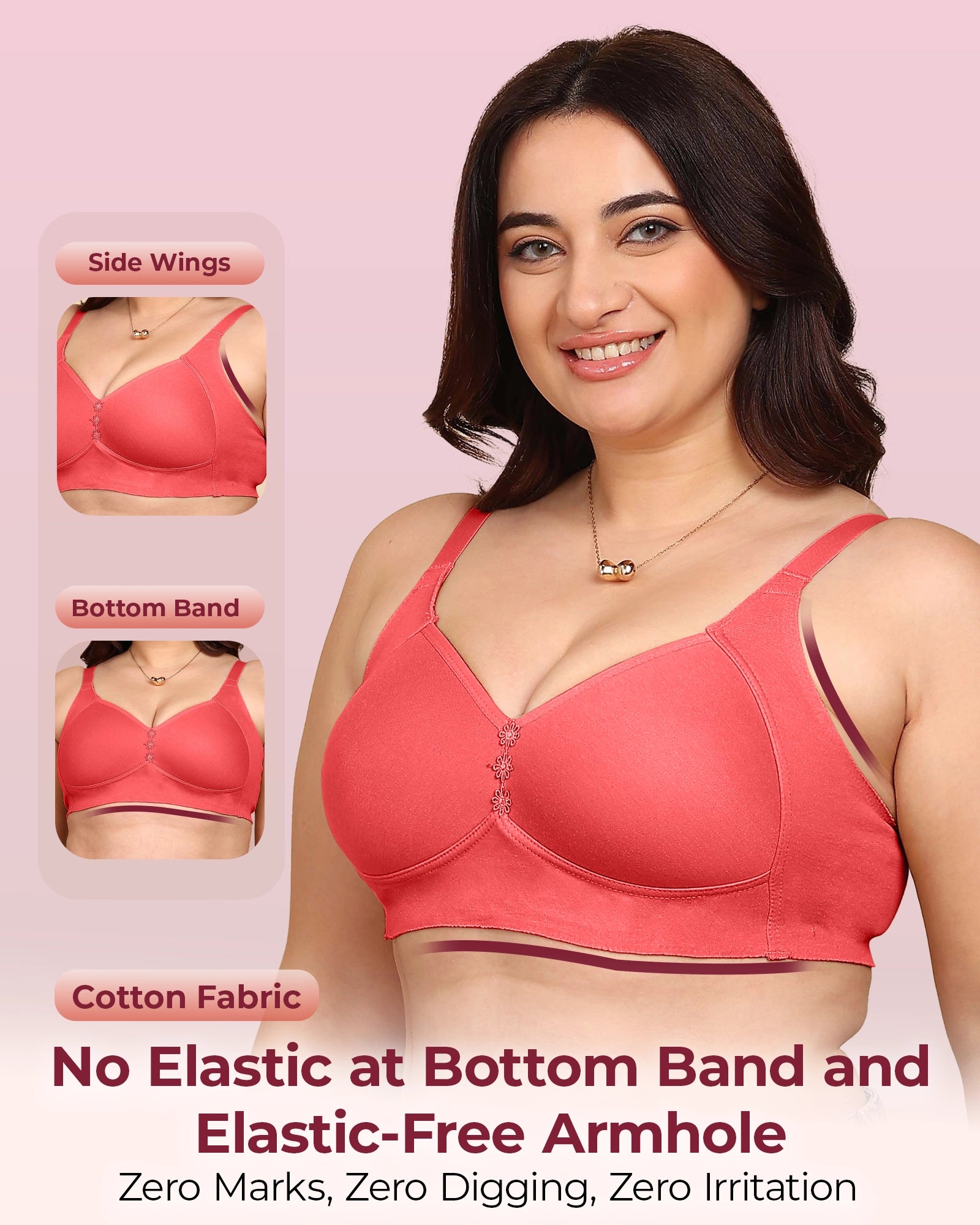 Invisi-Soft Bonded Breathable Cotton Plus Size M-Frame Minimiser Padded Bra (KB-408-CORAL)
